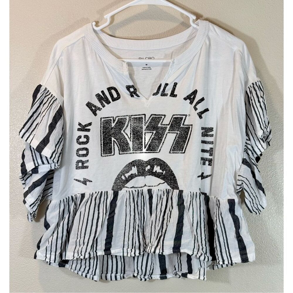 KISS Graphic Cropped Ruffle Top - White/Black - Picture 3 of 11